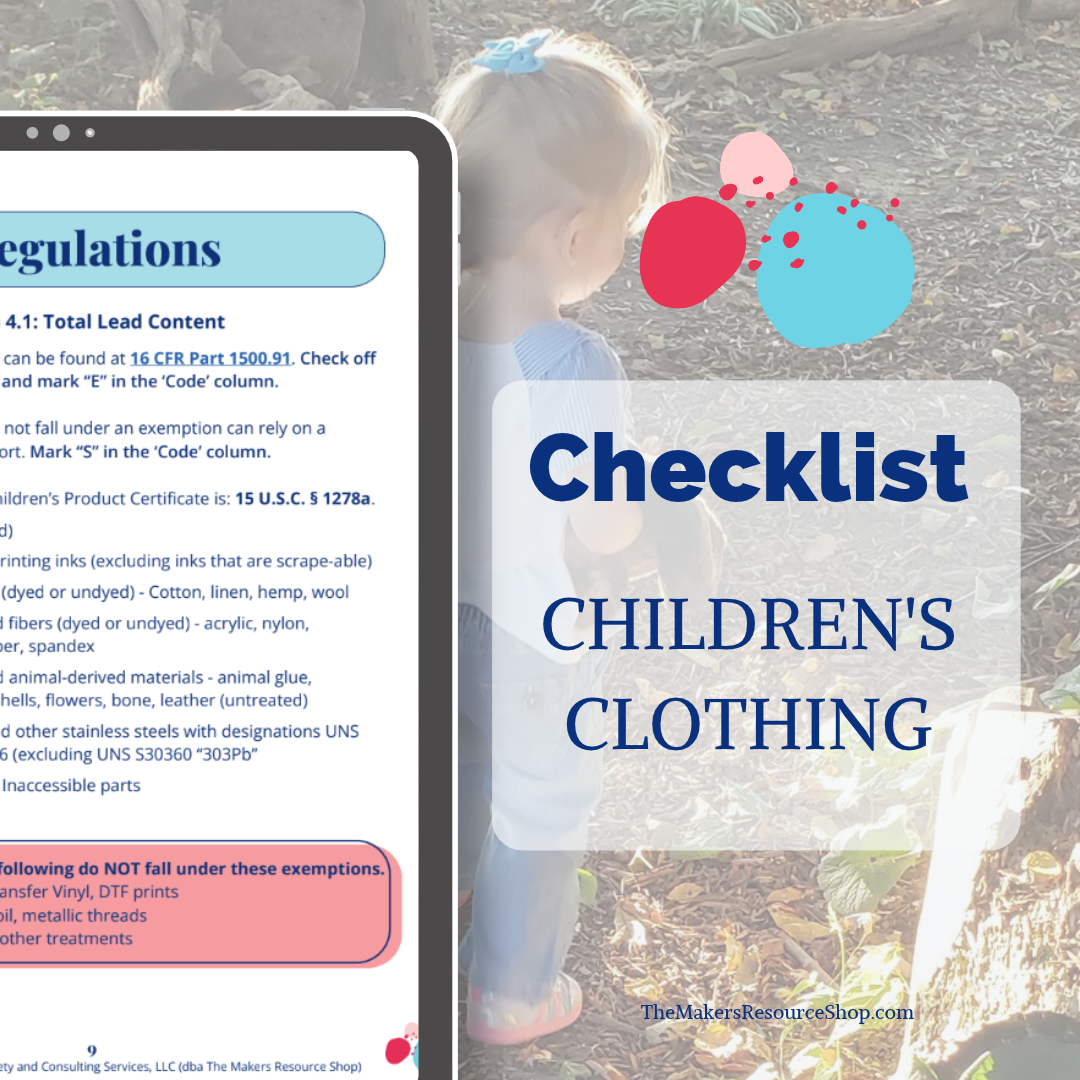 Listing image for the Children's Clothing Compliance Checklist from The Makers Resource Shop, showing a tablet displaying the printable checklist in front of a child walking in the woods.