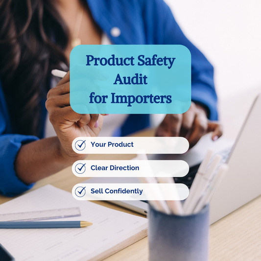 Blurred background with feminine-presenting Black person dressed in blue working at a laptop. In the foreground is text inside a cyan blue box that says "Product Safety Audit for Importers" and a checkmarked checklist that says "Your Product, Clear Direction, Sell Confidently"