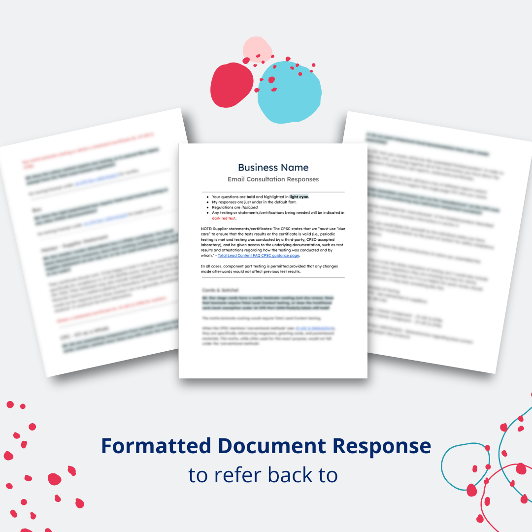 Three overlapping document examples on a light gray background, with the center sheet labeled 'Business Name Email Consultation Responses.' Decorative red and blue dots appear around the pages, and text at the bottom reads 'Formatted Document Response to refer back to.