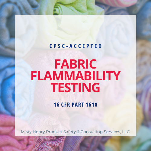 Listing image featuring text 'CPSC-accepted FABRIC FLAMMABILITY TESTING 16 CFR Part 1610' over a blurred background of various colored fabrics.