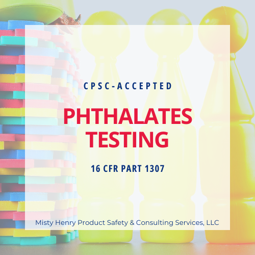 Listing image featuring a stack of colorful plastic toy pieces with the text 'CPSC-accepted PHTHALATES TESTING 16 CFR Part 1307'