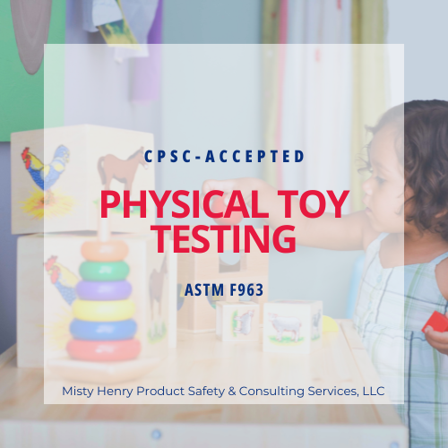 Listing image featuring a child playing with a colorful wooden toy, with text overlay detailing 'CPSC-accepted Physical Toy Testing ASTM F963'